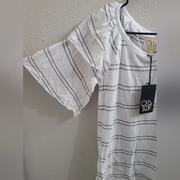 Chaser Striped Double Ruffle Shoulder Raglan Tee Sz M - Picture 4 of 5